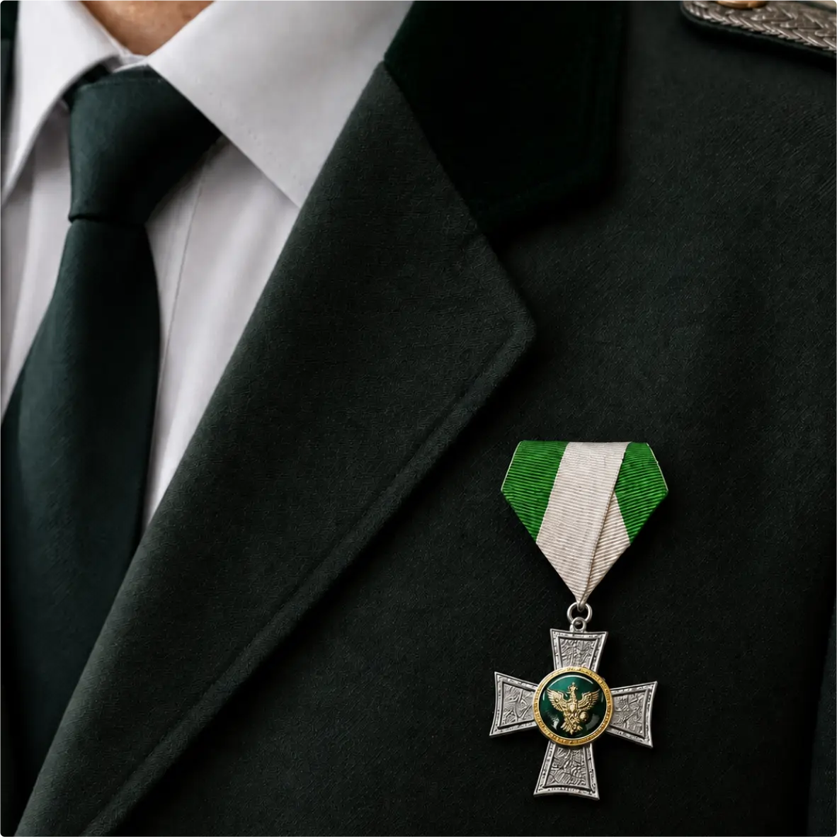 Militärmedaille, Kreuzmedaille, grünes Band, Lapel des Anzugs, Medaille-Anhänger