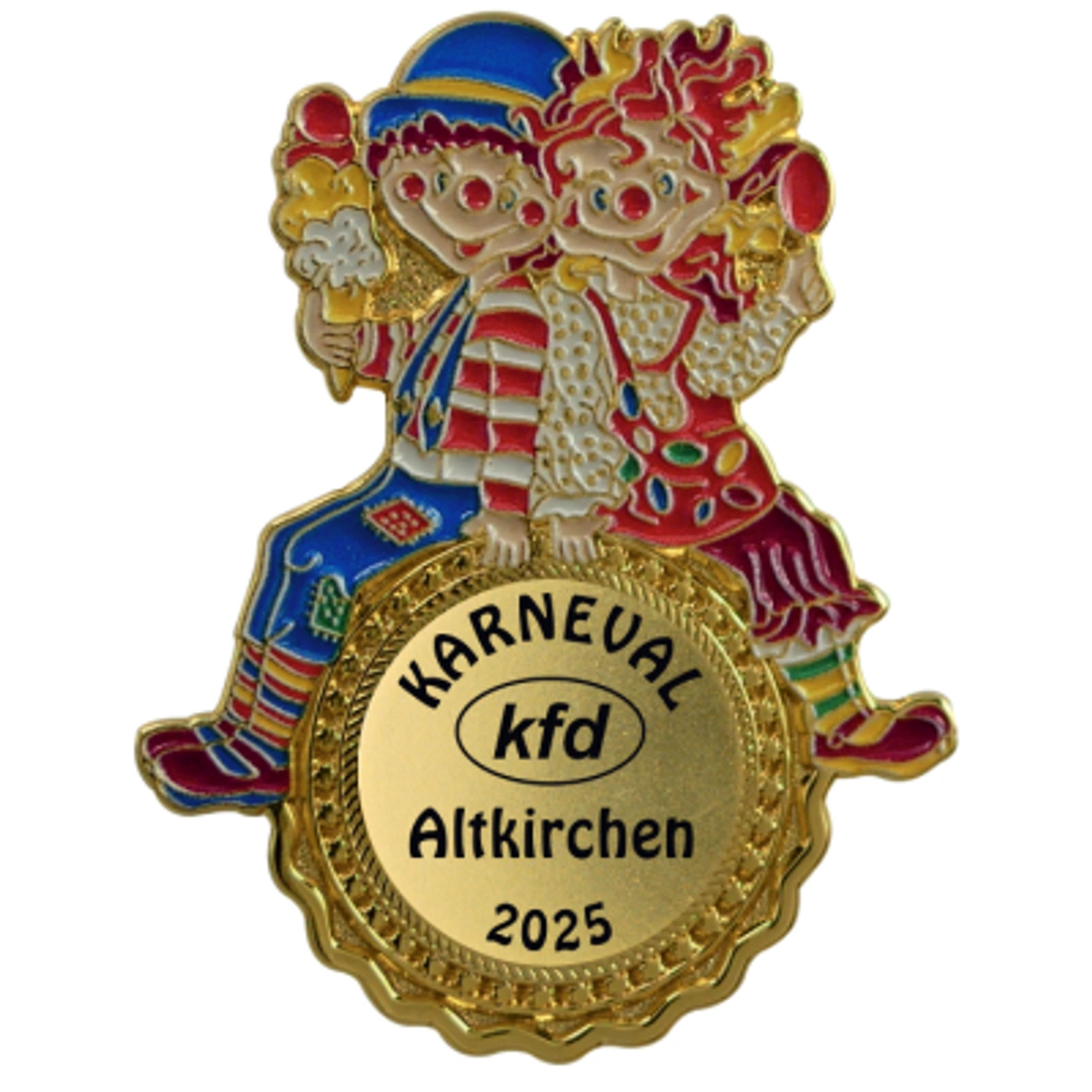 Karnevalspin Zwei bunte Narrenfiguren – unbedruckt Karnevalsorden, Metallabzeichen, goldfarben, Narrenkostüme, 2025