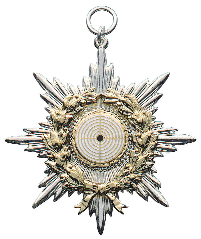 Orden versilbert Stern mit vergoldetem Kranz und Auflage Zielscheibe Orden versilbert in Sternform mit Öse und Ring, vergoldetem Eichenlaubkranz und runder Auflage mit Zielscheibenmotiv in der Mitte