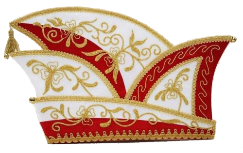 Prinzenmütze mit Glöckchen in Rot-Weiß mit goldfarbener Verzierung Prinzenmütze mit Glöckchen in geschwungener Form, rot-weiß gestaltet und mit goldfarbener Stickerei, Bordüre und kleinen Glöckchen an den Spitzen verziert.