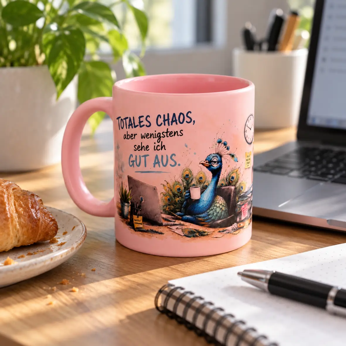 Tasse, Kaffeebecher, rosa Farbton, Pfauendesign, Spruchtext