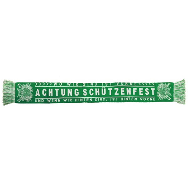 EinzigArt Schal „wo wir sind ist vorne“ mit Schriftzug „Achtung Schützenfest“ Grüner Schal von EinzigArt mit Fransen an beiden Enden und weißem Schriftzug „Wo wir sind ist vorne“, „Achtung Schützenfest“ sowie „Und wenn wir hinten sind, ist hinten vorne“.