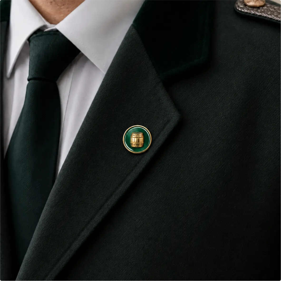 Blazer, Abzeichen, Goldenes Barrel-Anstecknadel, Grüner Hintergrund, Schwarz