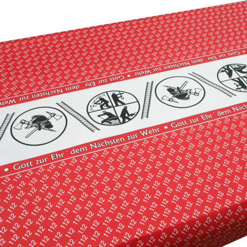 Tischdecke Feuerwehr mit rotem Muster und Feuerwehrsymbolen Tischdecke Feuerwehr aus rotem Spezialpapier mit weißem Muster, umlaufendem Schriftzug und schwarzen Feuerwehrsymbolen in runden Feldern