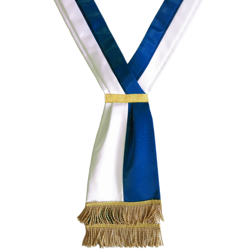 Schärpe aus Baumwolle, 2-farbig in Weiß und Blau mit goldfarbenen Fransen 2-farbige Schärpe aus Baumwolle in Weiß und Blau, überkreuzte Form mit schmalem goldfarbenem Mittelband und goldfarbenen Fransen am unteren Ende
