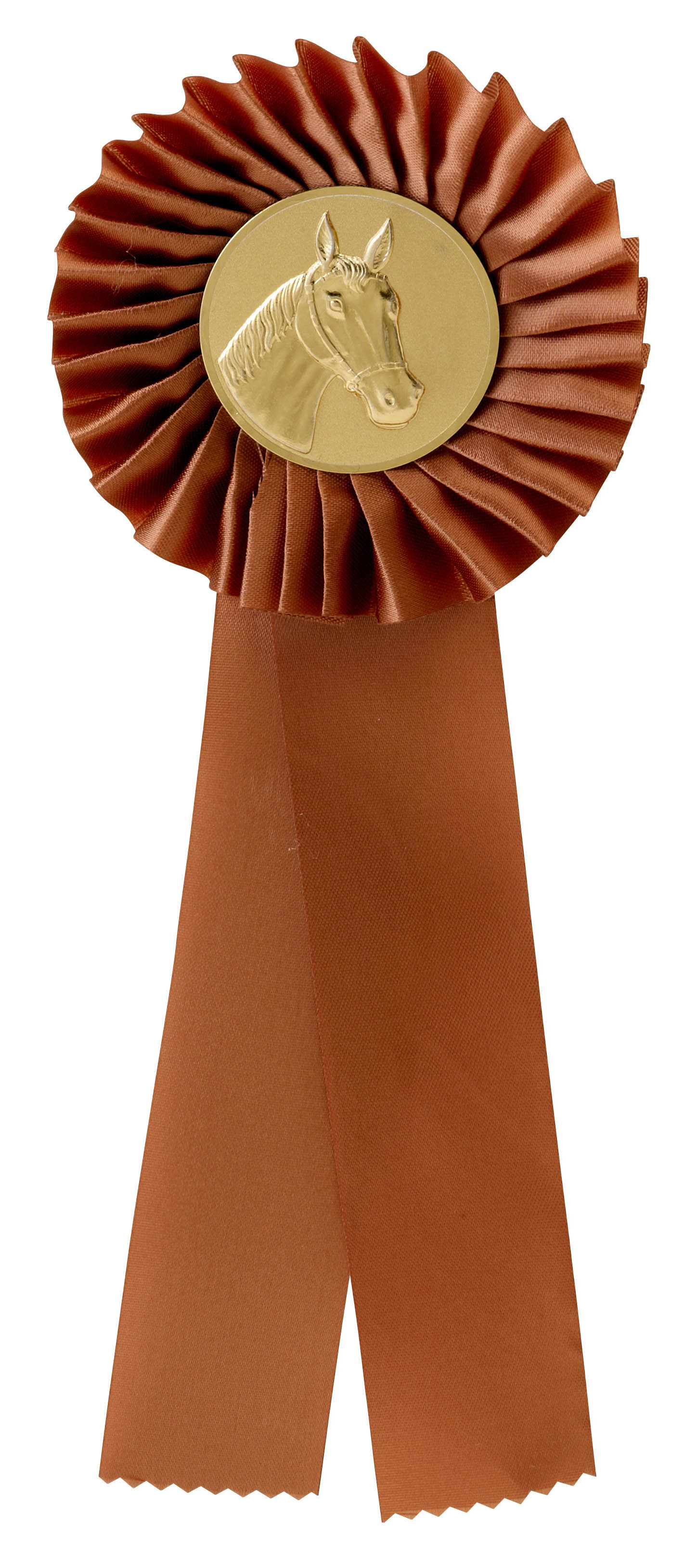 Einfache Rosette in Braun mit goldfarbenem Pferde-Emblem Braune einfache Rosette mit gefälteltem Rundteil, zwei langen Schleifenbändern und goldfarbenem Metallemblem mit Pferdekopf im Zentrum.