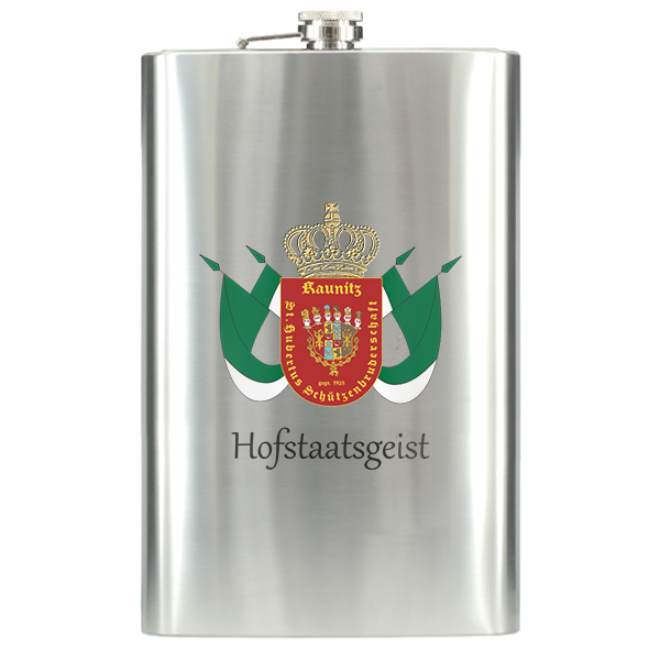 Flachmann Hofstaatsgeist aus Edelstahl mit Wappenmotiv Edelstahl-Flachmann Hofstaatsgeist mit silberner Oberfläche, Schraubverschluss sowie aufgedrucktem Wappen mit Krone, grün-weißen Elementen und Schriftzug Hofstaatsgeist auf der Vorderseite