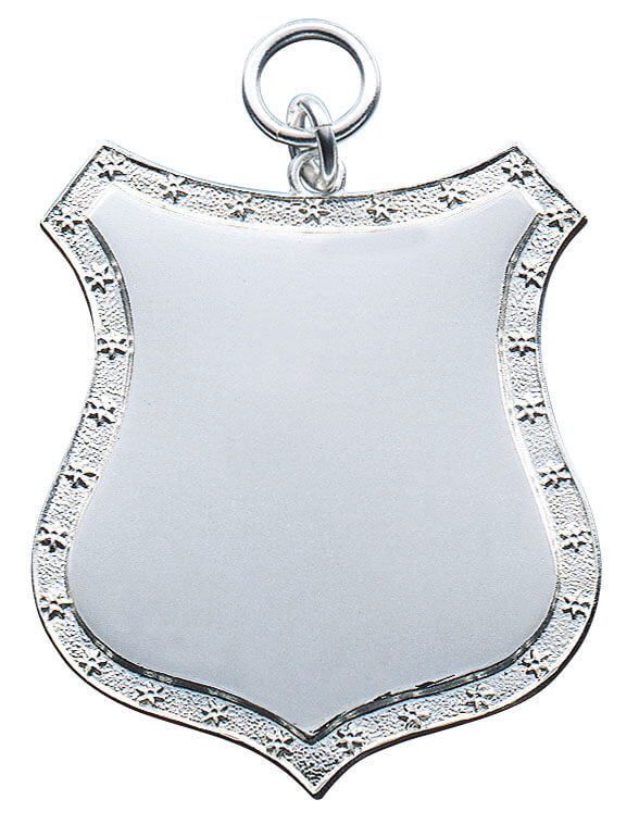 Schild mit Öse und Ring, silberfarbenes Kettenschild mit Sternenumrandung Silberfarbenes Kettenschild in spitz zulaufender Schildform mit Öse und Ring, glatter Gravurfläche und umlaufender Sternenumrandung.