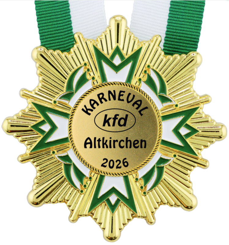 Goldfarbener Karnevalsorden mit strahlenförmigem Stern, grün-weißen Kronenmotiven und grün-weißem Band. Das runde Mittelfeld trägt den schwarzen Aufdruck „KARNEVAL kfd Altkirchen 2026“., Karnevalsorden, goldfarben, grün-weiß, Sternform, Stoffband