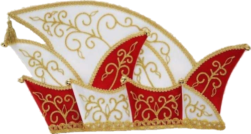 Prinzenmütze mit Glöckchen in Rot-Weiß mit goldfarbener Zierstickerei Prinzenmütze mit Glöckchen in Rot und Weiß, mehrspitzig gearbeitet und mit goldfarbener Zierstickerei sowie dekorativem Randbesatz versehen.