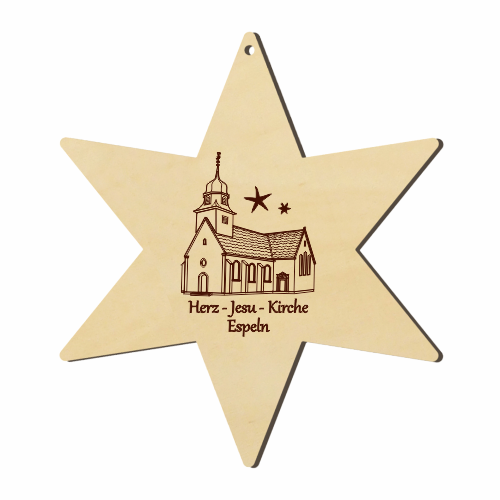 Espeln Herz-Jesu Kirche Holzstern mit gravierter Kirchenansicht Sechszackiger Holzstern zum Aufhängen mit Lasergravur der Herz-Jesu-Kirche Espeln und Schriftzug Herz-Jesu-Kirche Espeln