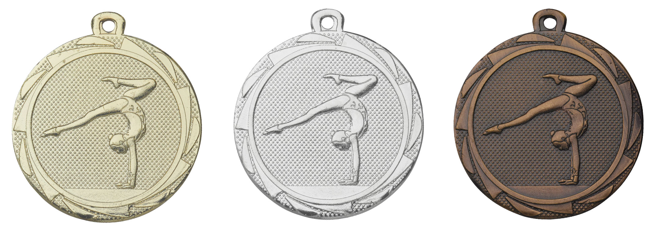 Medaille Akrobatin mit Kranz in Gold, Silber und Bronze Runde Medaille Akrobatin mit Kranz in Gold, Silber und Bronze, mit Öse und geprägtem Motiv einer Akrobatin im Handstand auf strukturierter Fläche