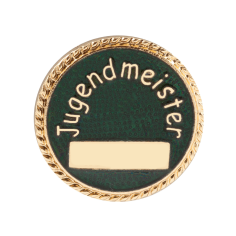Abzeichen versilbert mit Sicherheitsnadel, rundes Emblem mit Schriftzug Jugendmeister Rundes Abzeichen versilbert mit Sicherheitsnadel von EinzigArt mit umlaufendem Schriftzug „Jugendmeister“ und rechteckigem Feld im unteren Bereich
