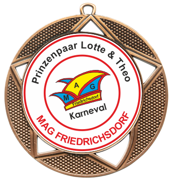 Medaille mit Stern-Verzierung in Bronze mit individuellem Emblem Bronzefarbene Medaille mit Stern-Verzierung und strukturiertem Rand, mittig mit individuellem Emblem für Prinzenpaar Lotte und Theo, Karneval und MAG Friedrichsdorf