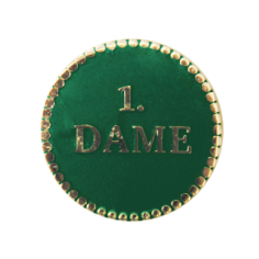 Auflage „1. Dame“ für Schützenmedaille mit grünem Rundfeld Runde Auflage „1. Dame“ mit grünem Hintergrund, goldfarbenem Rand und erhabener Schrift für Schützenmedaille oder Anhänger