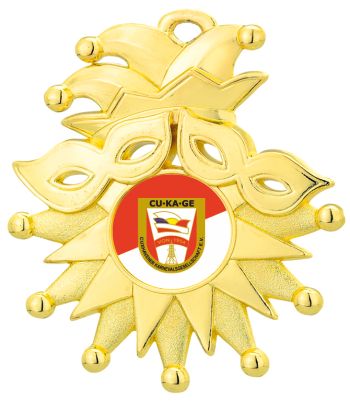 Medaille mit Masken und Narrenkappe, vergoldet mit Emblem Vergoldete Medaille mit zwei Karnevalsmasken, Narrenkappe und sternförmigem Unterteil mit rundem Emblem in der Mitte