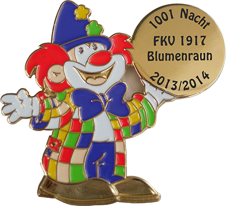 Karnevalsabzeichen Gold Lachender Clown mit Ballon Karnevalsabzeichen Gold „Lachender Clown“ als metallischer Pin mit buntem Clownmotiv und goldenem Ballon mit Aufdruck, goldfarbener Kontur und glänzender Oberfläche