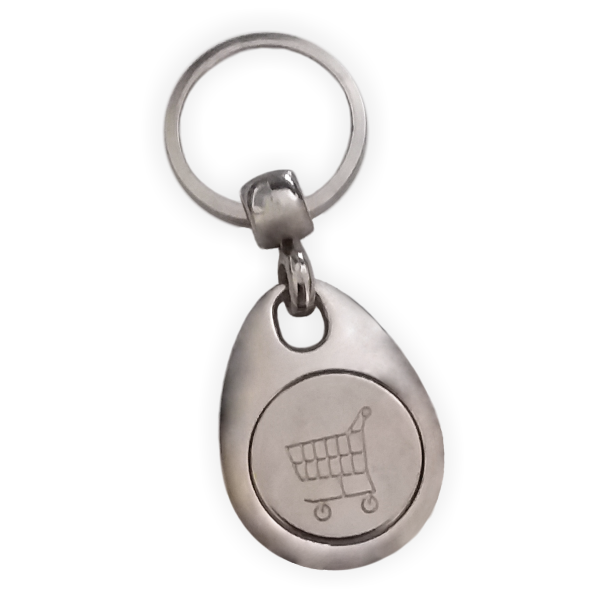 Schlüsselanhänger mit Einkaufswagenchip aus Metall Metall-Schlüsselanhänger mit Schlüsselring und tropfenförmigem Anhänger, vorne mit rundem Einsatz und eingraviertem Einkaufswagenmotiv als Hinweis auf den Einkaufswagenchip