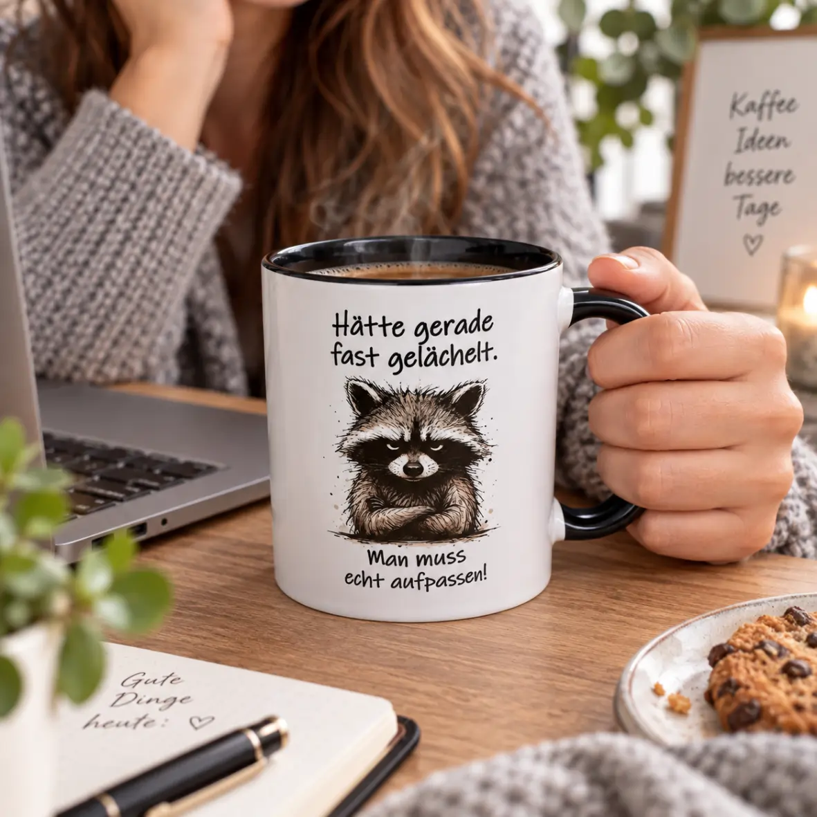 Kaffeetasse, Keramikbecher, Schwarz-Weiß Motiv, Waschbär, Spruchbecher