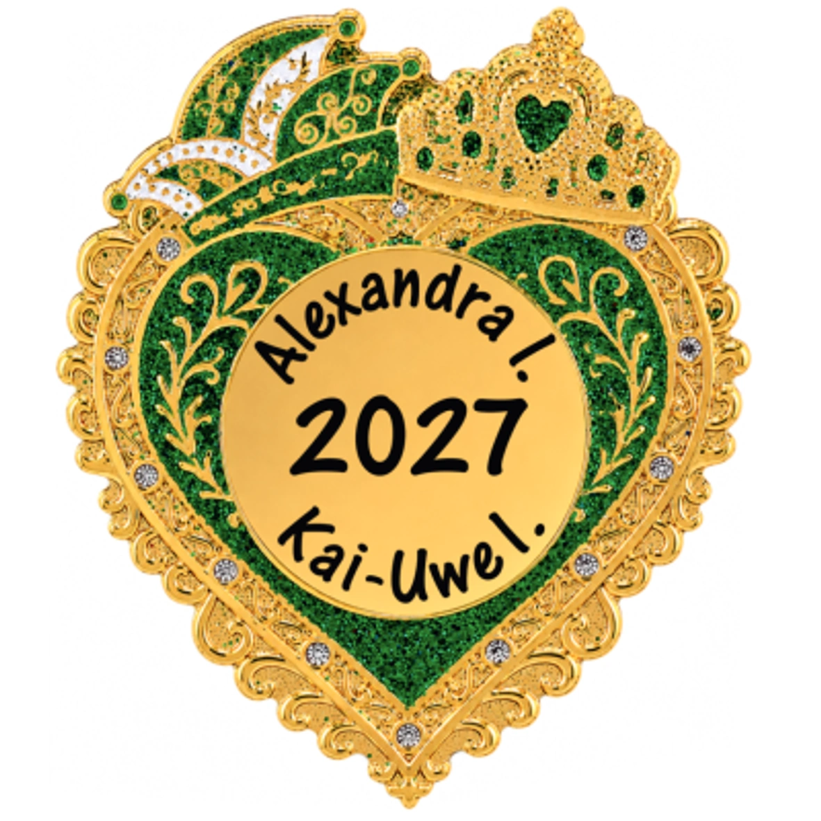 Karnevalsorden, Herzform, Grün-gold, Krone, Personalisierbar