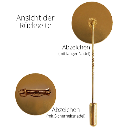 Abzeichen vergoldet mit Sicherheitsnadel, Rückseite in runder Form Rundes vergoldetes Abzeichen für Schützen der Seniorenklasse, Rückseite mit Sicherheitsnadel sowie Variante mit langer Nadel dargestellt