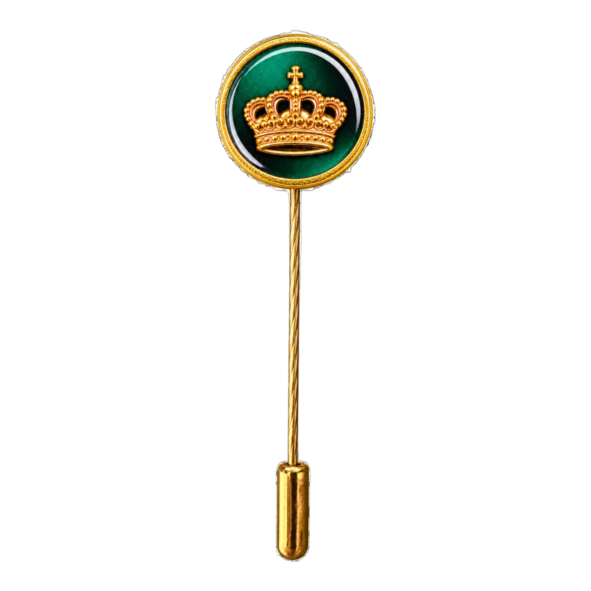Auflage Krone mit langer Nadel anorak pin, lapel pin, gold tone, Kronenemblem, grüne Emaille