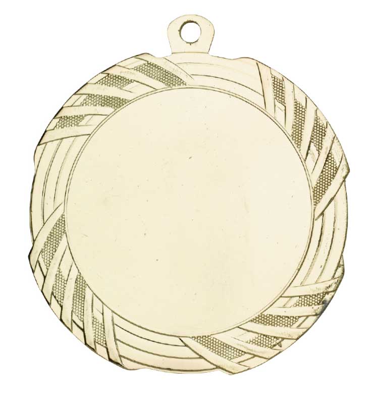 Medaille mit Randverzierung Gold mit glatter runder Mitte Goldfarbene runde Medaille mit Aufhänger, glatter freier Mittelfläche und dekorativer Randverzierung in geschwungenem Muster.
