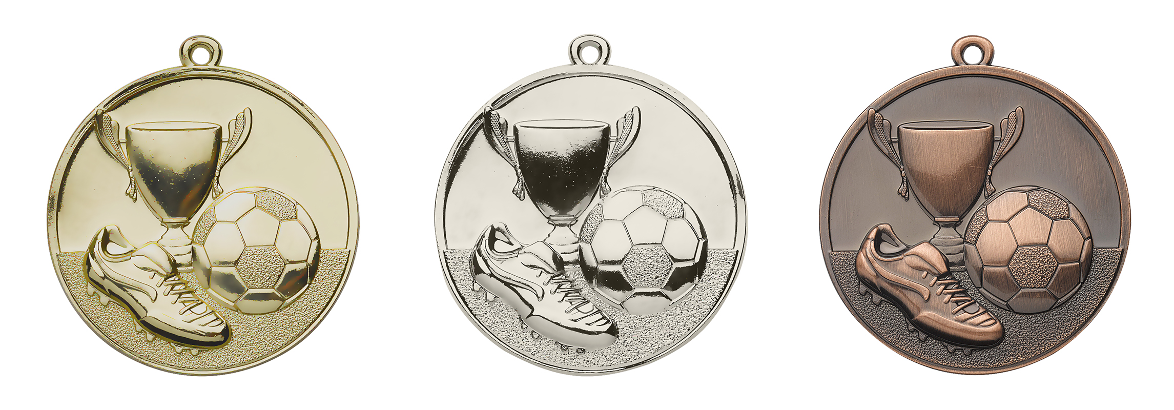 Medaille Fußball in Gold, Silber und Bronze mit Pokal, Fußball und Fußballschuh Runde Fußball-Medaillen mit Öse in Gold, Silber und Bronze, mit geprägtem Motiv aus Pokal, Fußball und Fußballschuh auf der Vorderseite