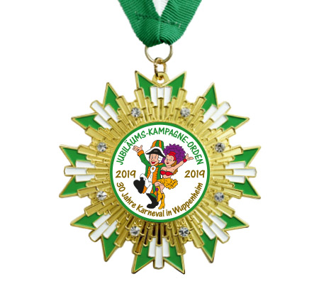 Prinzenpaar-Orden Gold mit Glitzersteinen Grün/Weiß medaille, stern medal, goldene medal, schmuckmedaille, grünes band