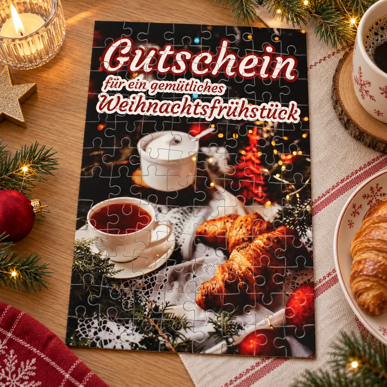 Weihnachtsgutschein-Puzzle 96 Teile Gutschein, Weihnachtsfrühstück, Puzzle, Weihnachtsmotiv, Frühstückstisch
