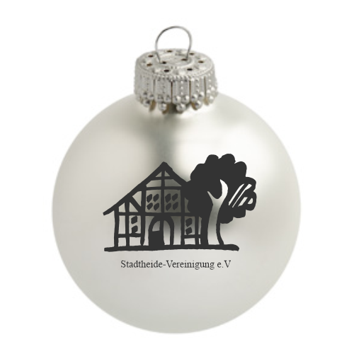 Stadtheide Vereinigung Paderborn Weihnachtskugel mit Vereinsmotiv Weiße Weihnachtskugel aus Glas mit schwarzem Aufdruck eines Fachwerkhauses und Baums sowie dem Schriftzug Stadtheide-Vereinigung e.V.