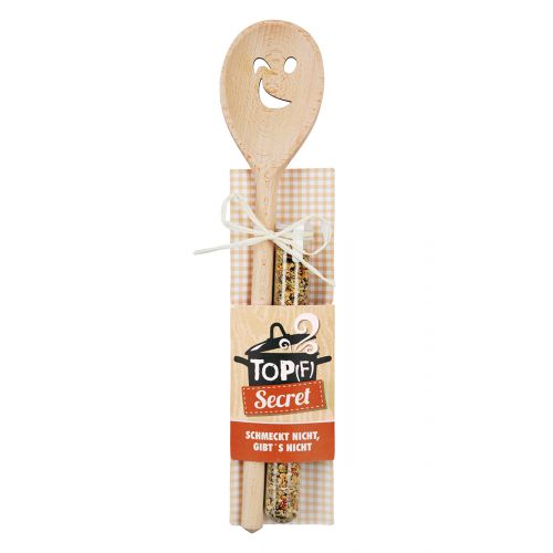 Holz Kochlöffel mit Gewürzmischung Chimichurri 15g Holz Kochlöffel mit ausgeschnittenem Gesicht und gebundener Gewürzmischung Chimichurri 15g in schmaler Verpackung mit Etikett