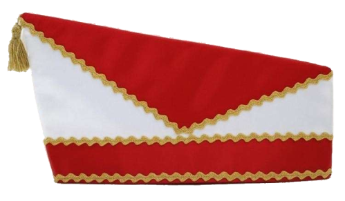 Schiffchen schlicht zweifarbig in Rot und Weiß mit goldfarbener Borte Schiffchen schlicht in zweifarbiger Optik aus Rot und Weiß, mit goldfarbener Zierborte entlang der Kanten und einer Quaste an der linken Seite