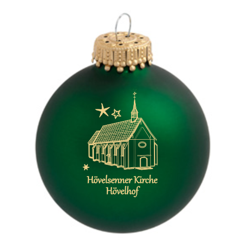 Hövelhof Hövelsenner Kirche Weihnachtskugel aus grünem Glas mit Kirchenmotiv Grüne Weihnachtskugel aus Glas mit goldfarbenem Motiv der Hövelsenner Kirche in Hövelhof und dekorativer Metallkappe
