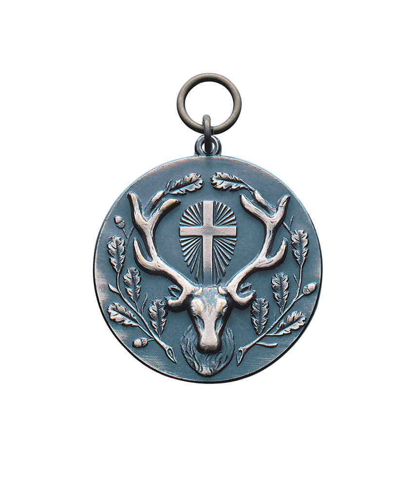 Medaille vergoldet mit Hubertushirsch, Kreuz und Eichenlaub Runde Medaille vergoldet mit Öse und Ring, geprägt mit Hubertushirsch, Kreuz und Eichenlaub als Schützenmedaille.