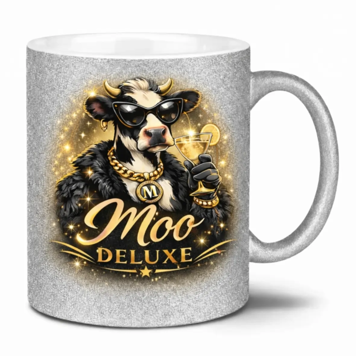 Becher, Kaffeetasse, Kuh-Illustration, Goldene Akzente, Funkelndes Motiv