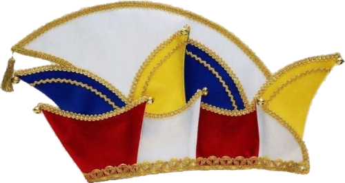 Prinzenmütze schlicht in Weiß, Blau, Gelb und Rot mit goldfarbener Borte Schlichte mehrfarbige Prinzenmütze in Weiß, Blau, Gelb und Rot mit geschwungener Form, goldfarbener Borte, neun kleinen Glöckchen und Quaste am Rand