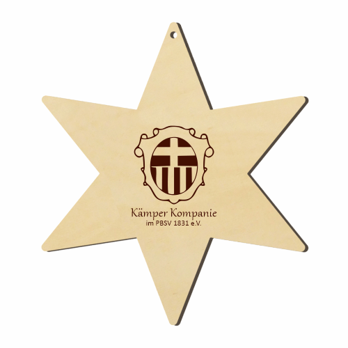 Kämper Kompanie Paderborn Holzstern mit gelasertem Wappen Sechszackiger Holzstern als Weihnachtsanhänger mit Aufhängeloch und gelaserter Gravur des Wappens sowie dem Schriftzug Kämper Kompanie im PBSV 1831 e.V.