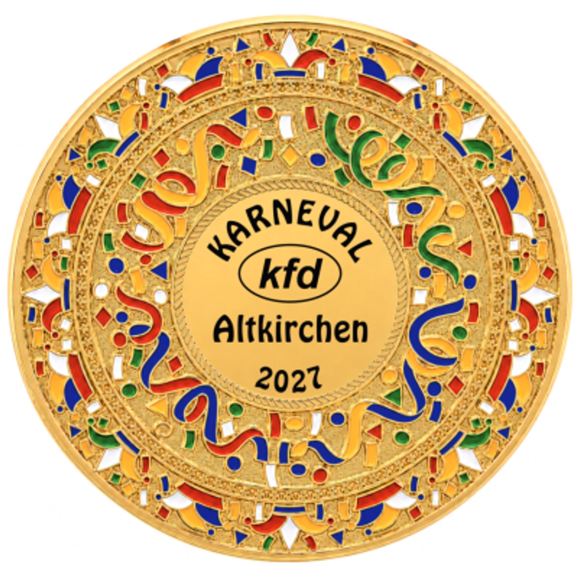 Karnevalsorden, runde Plakette, goldfarben, bunte Ornamente, Jahreszahl 2027