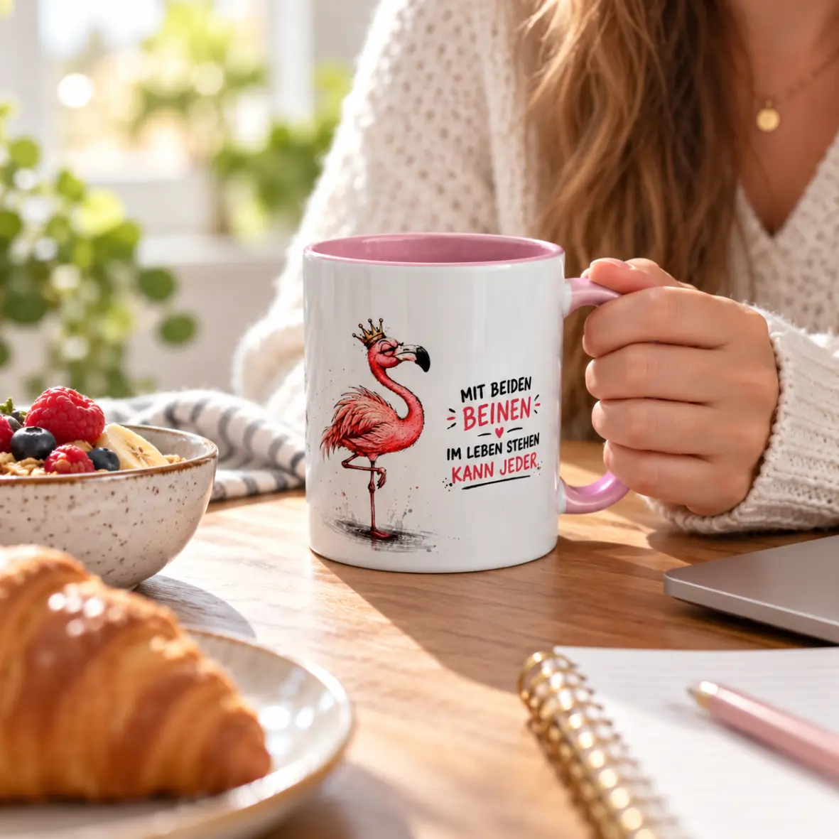 Tasse mit beiden Beinen im Leben stehen kann jeder Kaffeetasse, Flamingo-Print, Keramikbecher, rosafarbene Innenseite, Motivtext