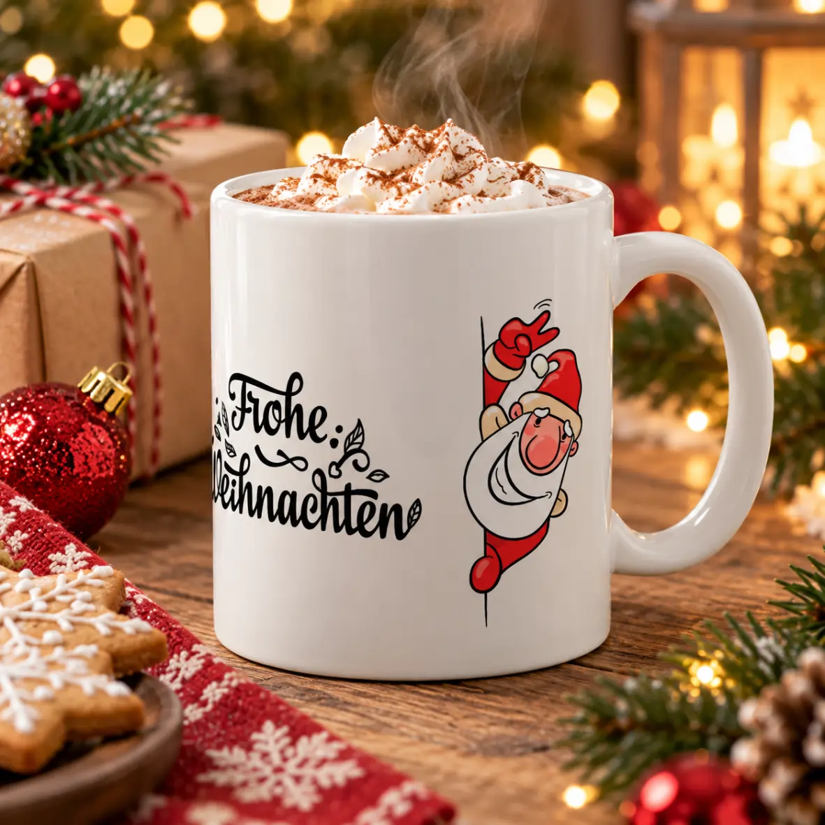 Tasse, Weihnachtsmotiv, Schnee, Milchkaffee?, Dampf