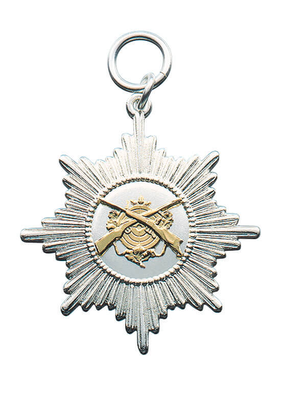 Orden versilbert mit Schützensymbol als Sternorden Versilberter Sternorden mit Öse und Ring, strahlenförmiger Orden in Silberoptik mit rundem Mittelteil und Schützensymbol aus gekreuzten Gewehren und Zielscheibe.