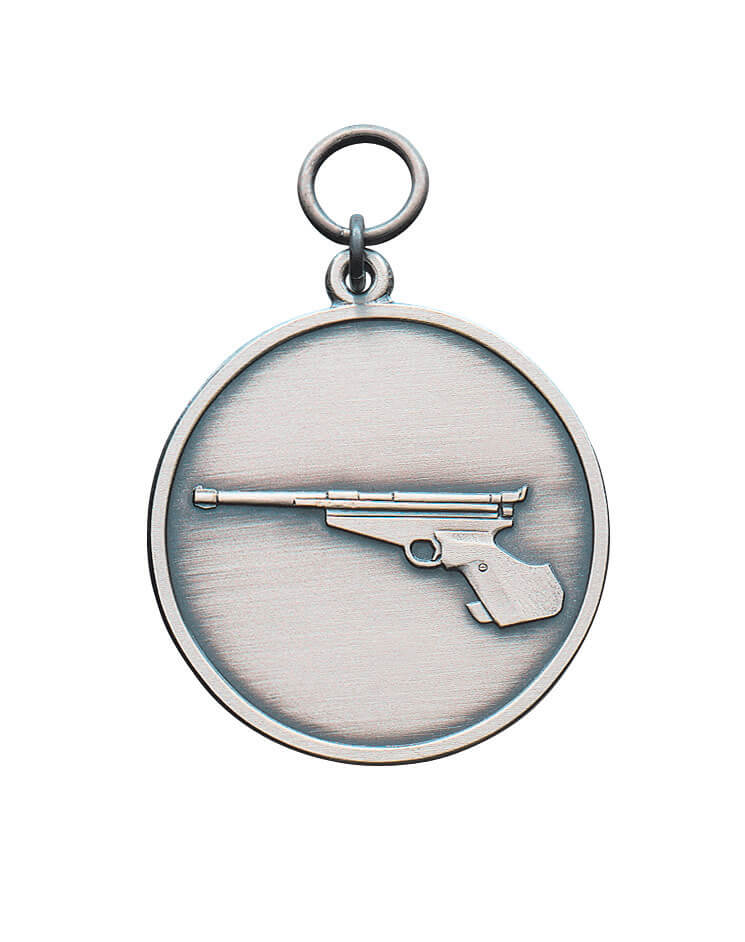 Medaille Pistole mit Öse und Ring Runde Medaille mit glattem Rand, Öse und Ring sowie Pistolenmotiv auf der Vorderseite in heller Metalloptik.