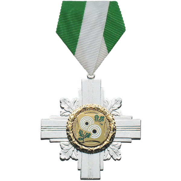 Schützenorden mit Gold-Verzierung und grün-weißem Banddreieck Schützenorden mit Gold-Verzierung in kreuzförmiger, versilberter Ausführung mit rundem Mittelteil, Auflage mit zwei Zielscheiben sowie grün-weißem Banddreieck und Ring.