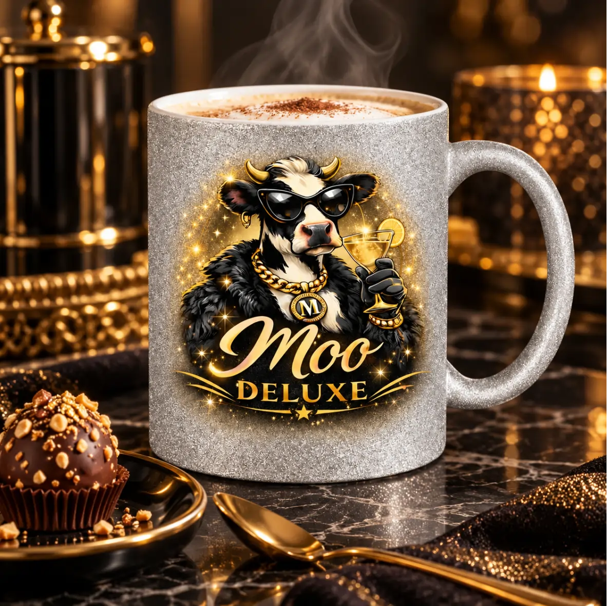 Tasse Moo Deluxe Kaffeetasse, Mug, Moo Deluxe, Cow graphic, Glitzerbecher