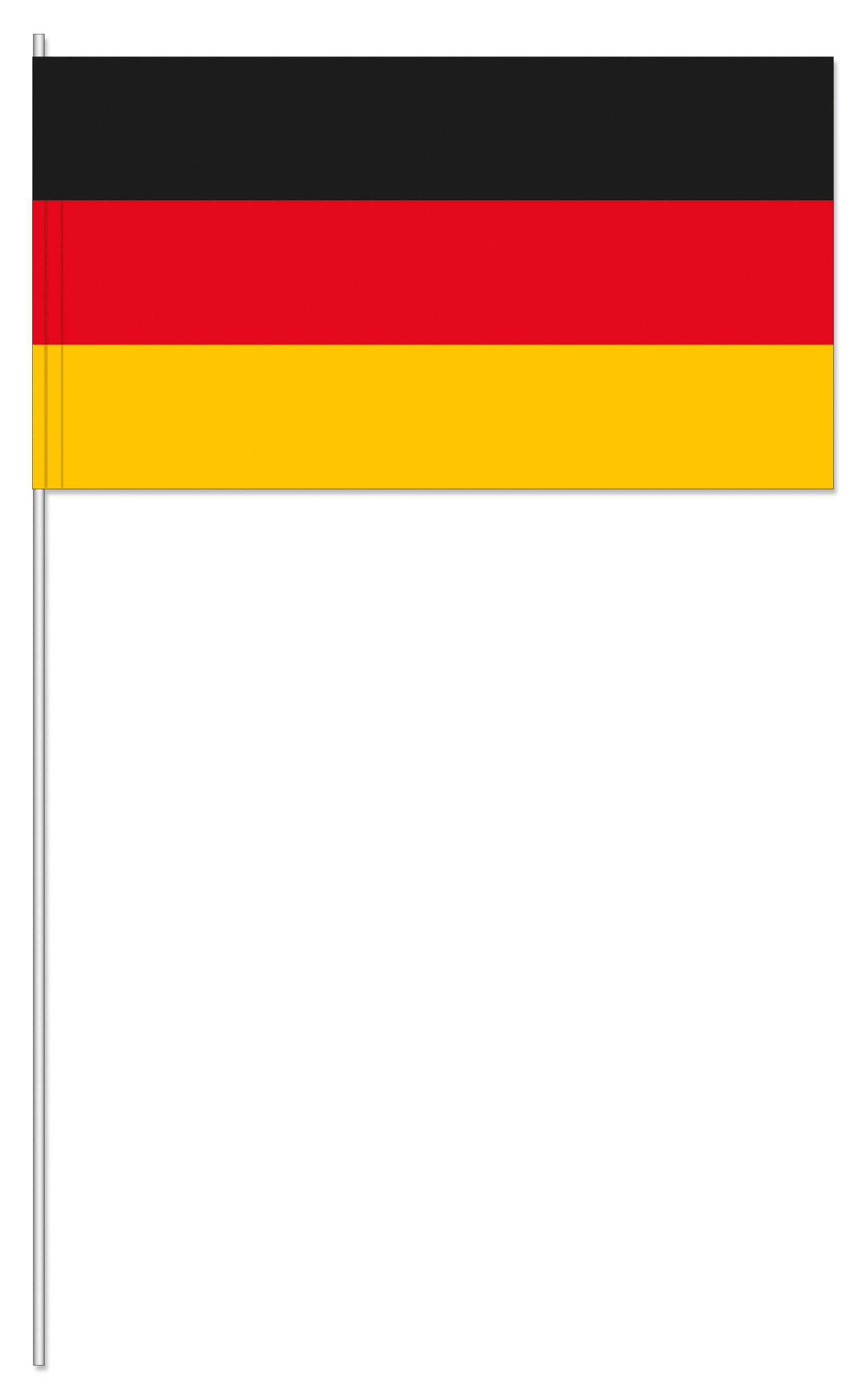 Papierfahnen Deutschland mit schwarzem, rotem und goldenem Streifenmuster Papierfahne Deutschland mit horizontalen Streifen in Schwarz, Rot und Gold, befestigt an einem weißen Stab als Dekofahne im Format 12 x 24 cm.