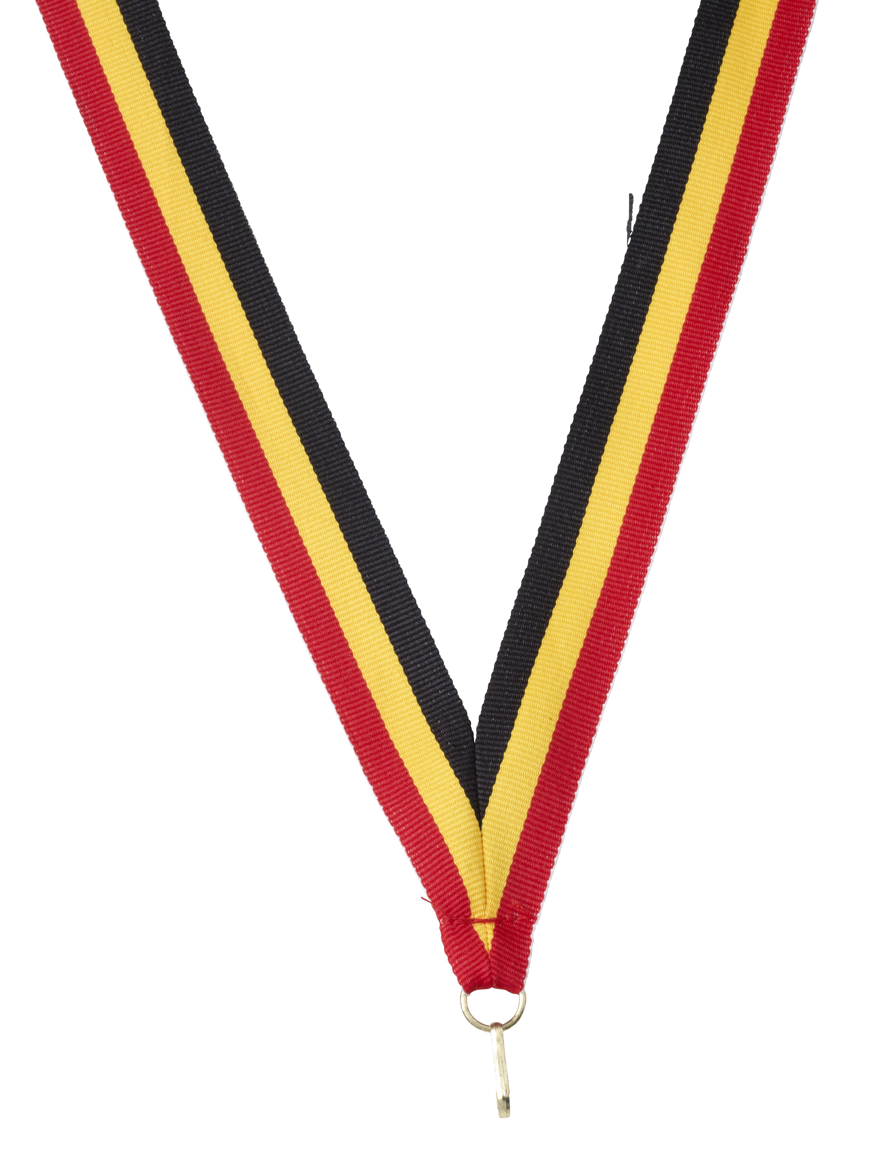 Medaillenband Belgien in Schwarz-Gelb-Rot mit Ring und Karabinerhaken Medaillenband Belgien als gewebtes Band in den Farben Schwarz, Gelb und Rot, V-förmig gelegt, mit Metallring und Karabinerhaken zum Befestigen einer Medaille oder eines Anhängers.