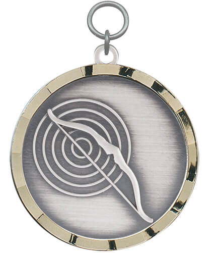 Anhänger „Bogen“ mit Zielscheibe und goldenem Rand Runder Anhänger „Bogen“ mit Zielscheibe und Bogenmotiv, silberfarbener Fläche, goldenem Rand sowie Öse und Ring zur Befestigung