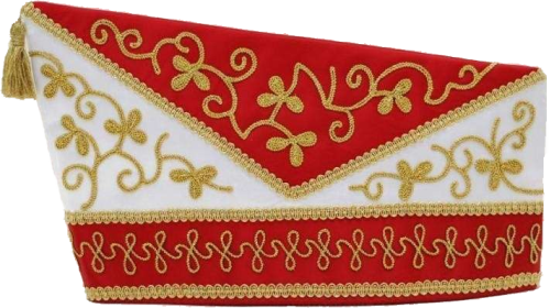 Schiffchen zweifarbig mit 3-Blatt-Stickerei in Rot-Weiß mit goldener Verzierung Zweifarbiges Schiffchen in Rot und Weiß mit goldener 3-Blatt-Stickerei, geschwungenen Zierornamenten, goldener Borte und Quaste an der Spitze