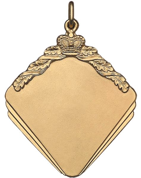 Medaille 40 mm in Rautenform mit Krone und Gravurfläche Medaille 40 mm in goldfarbener Rautenform mit Öse, Krone, Blattornament und glatter Gravurfläche als Königsmedaille für den Schützenverein